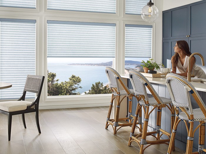 Modern kitchen with risen smart shades and woman leaning over the counter in admiration of shades